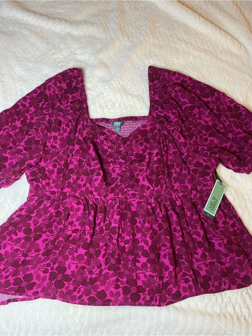 Terra & Sky Floral Peplum Top Women’s 2X 20W–22W Puff Sleeve NWT
